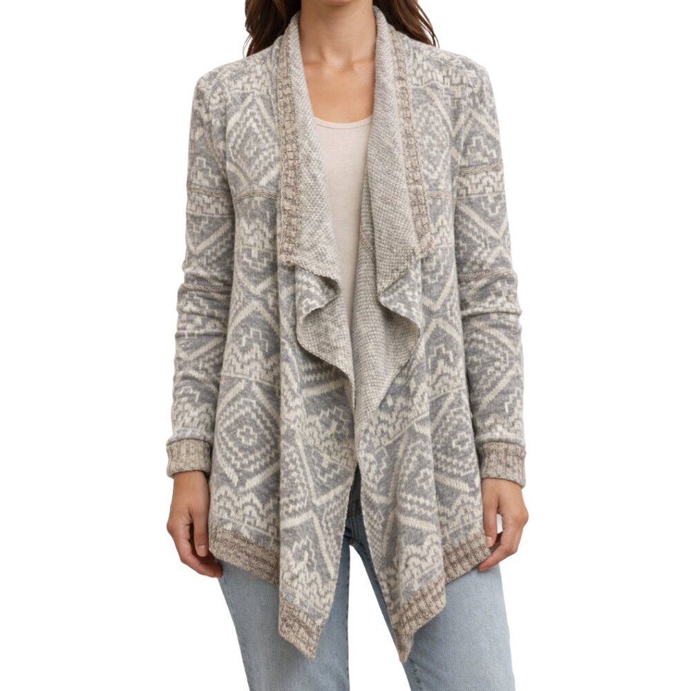 Blu Pepper Boho Waterfall Cardigan Nordic Jacquard Open Front Sweater Sz L